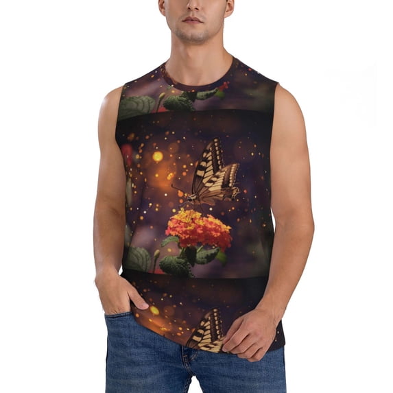Balery Butterfly Sitting on a Flower Men's Sleeveless Muscle Shirts Workout Tank Top, Moisture Wicking, Odor Protection-Medium