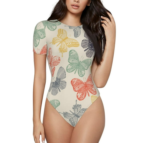 Balery Butterfly Women's Short Sleevee Crew Neck Bodysuit Tops Short Sleeve Tops Basic-Large