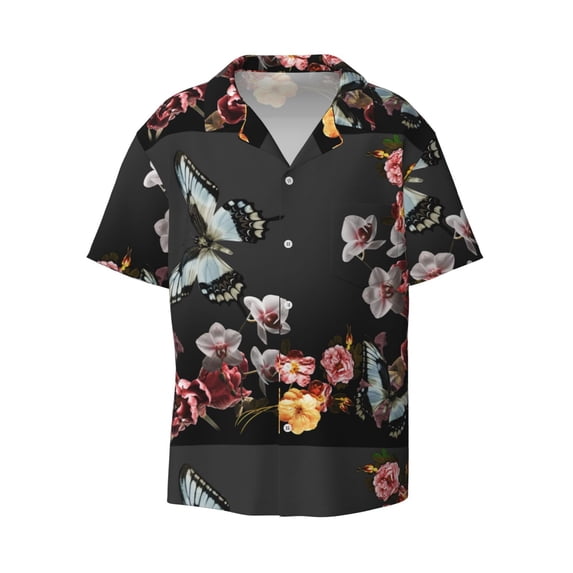 Balery Butterfly with Fowers Men's Casual Button Down Shirt Short Sleeve Textured Summer Cuban Beach Shirts-Large
