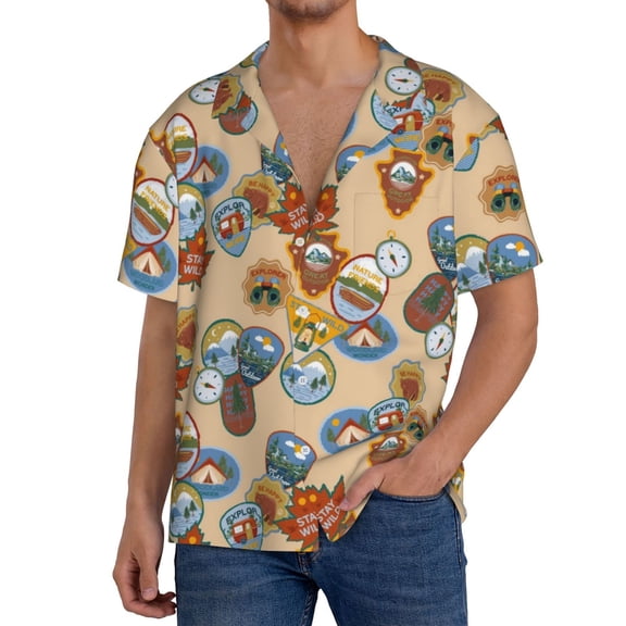 Balery Camp Badge Men's Casual Button Down Shirt Short Sleeve Textured Summer Cuban Beach Shirts-3X-Large