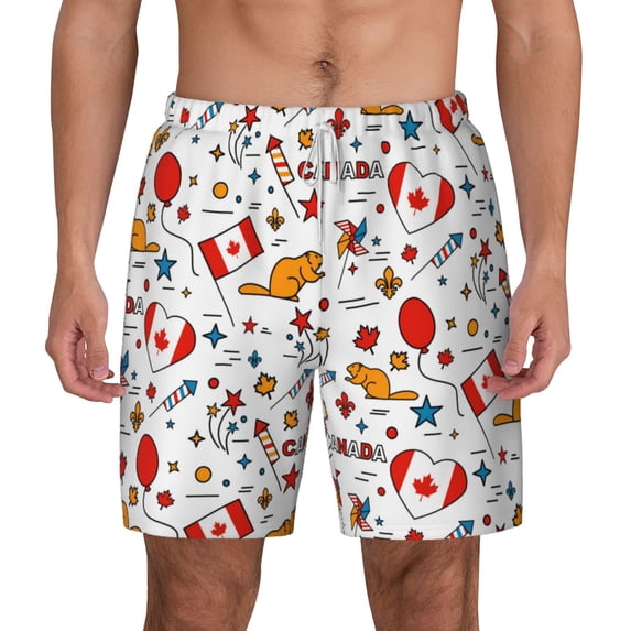 Balery Canada Day Mens Swim Trunks Swim Shorts for Men Quick Dry Inseam Beach Shorts with Compression Liner Pocket-XX-Large