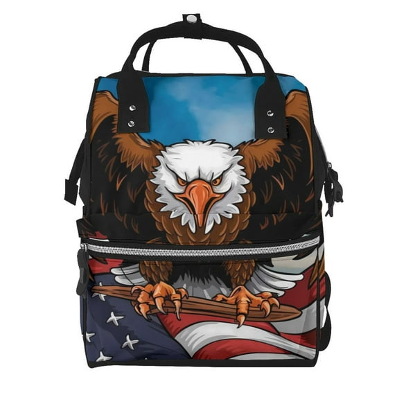 Balery Cartoon Bald Eagle USA Mummy Backpack - Waterproof Twill Canvas, Large Capacity Diaper Bag with Multiple Pockets and Adjustable Straps