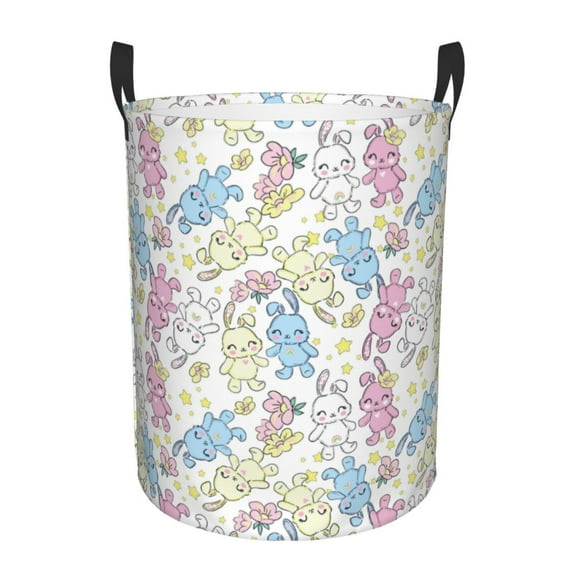 Balery Cartoon Bunny Round Laundry Basket with Handles Waterproof Freestanding Laundry Hamper for Clothes Toys in the Dorm and Family-Medium