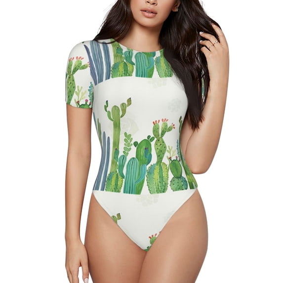 Balery Cartoon Cactus Women's Short Sleevee Crew Neck Bodysuit Tops Short Sleeve Tops Basic-Medium
