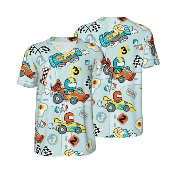 Balery Cartoon Car Racing Baseball Jersey for Men Casual Button Down Shirts Short Sleeve Active Team Sports Uniform-Medium