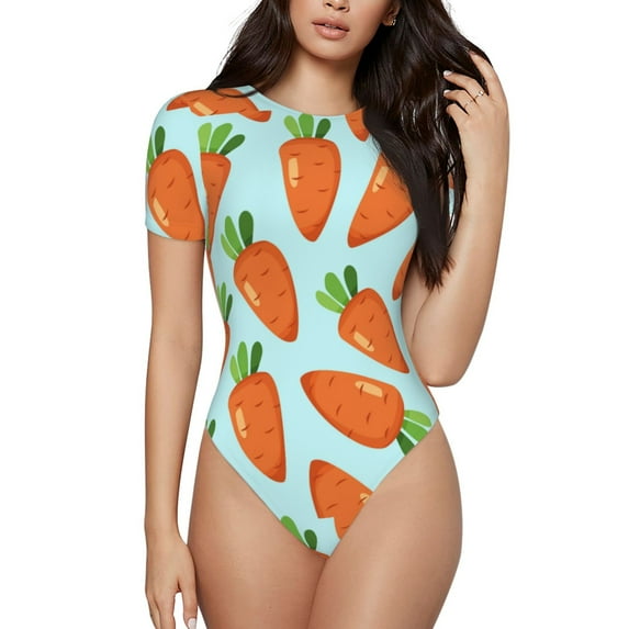 Balery Cartoon Carrot Women's Short Sleevee Crew Neck Bodysuit Tops Short Sleeve Tops Basic-Small
