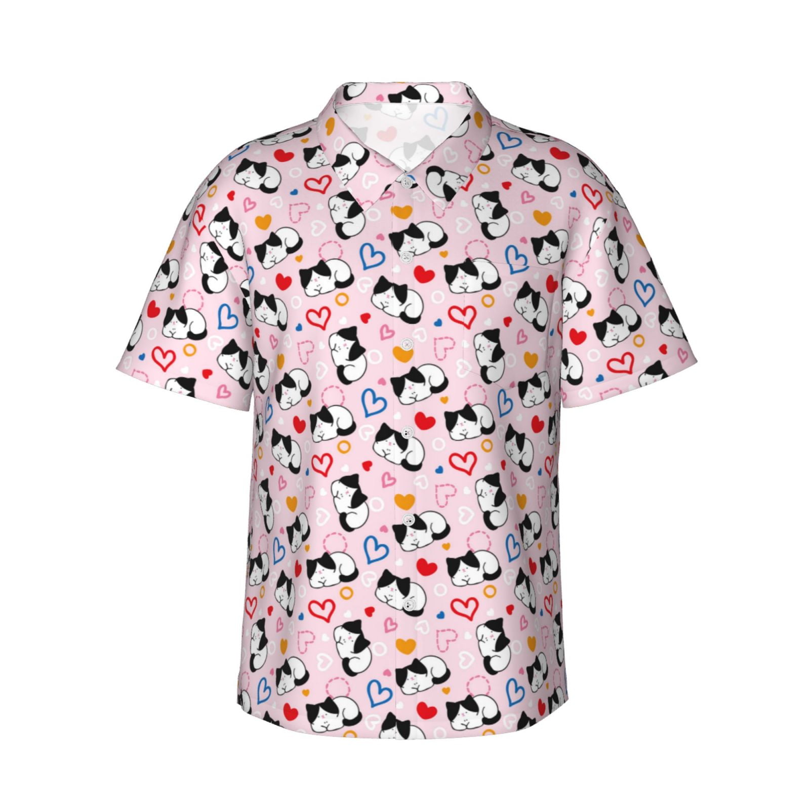 Balery Cartoon Cat And Heart Print Men's Hawaiian Shirts Short Sleeve