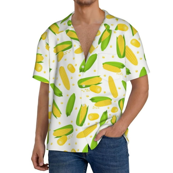 Balery Cartoon Corn Men's Casual Button Down Shirt Short Sleeve Textured Summer Cuban Beach Shirts-4X-Large