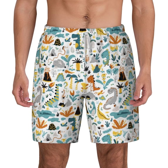 Balery Cartoon Dinosaur Mens Swim Trunks Swim Shorts for Men Quick Dry Inseam Beach Shorts with Compression Liner Pocket-Small