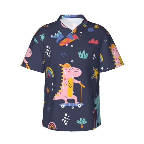 Balery Cartoon Dinosaur Scooter Sport Blue Print Men's Hawaiian Shirts Short Sleeve Beach Shirt Relaxed Fit Vacation Button Down Shirts-XX-Large