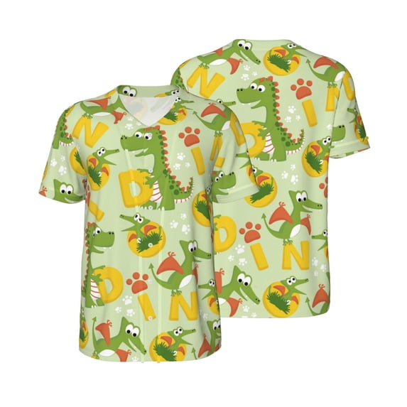 Balery Cartoon Dinosaurs Baseball Jersey for Men Casual Button Down Shirts Short Sleeve Active Team Sports Uniform-4X-Large