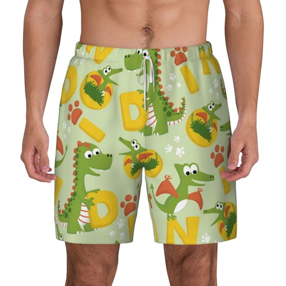 Balery Cartoon Dinosaurs Mens Swim Trunks Swim Shorts for Men Quick Dry Inseam Beach Shorts with Compression Liner Pocket-X-Large