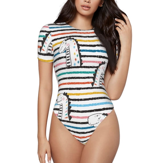 Balery Cartoon Dinosaurs Women's Short Sleevee Crew Neck Bodysuit Tops Short Sleeve Tops Basic-X-Large