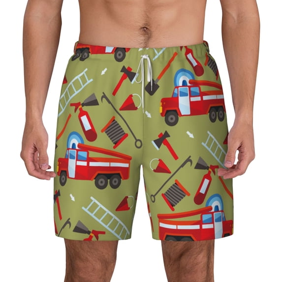 Balery Cartoon Fire Truck Mens Swim Trunks Swim Shorts for Men Quick Dry Inseam Beach Shorts with Compression Liner Pocket-X-Large
