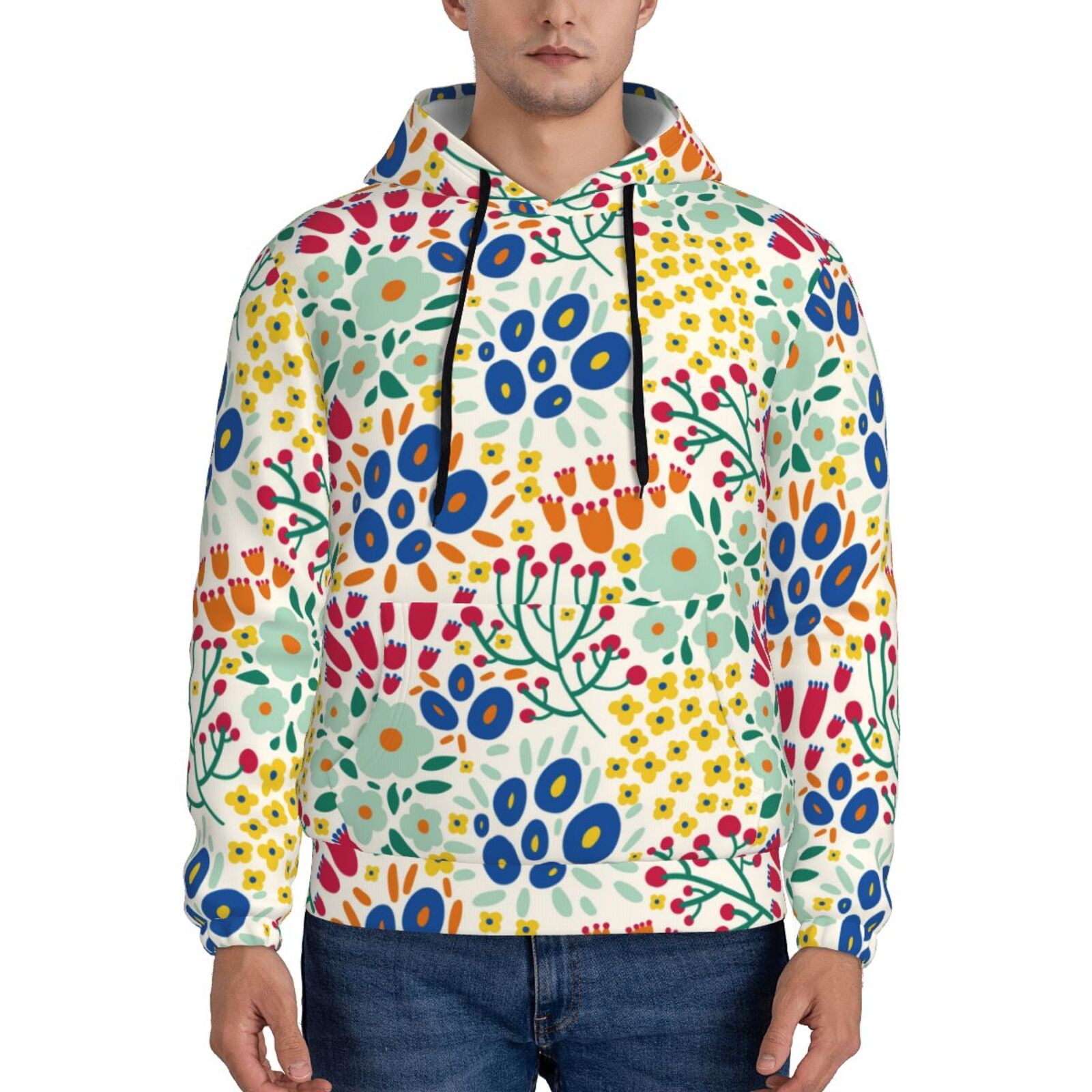 Balery Cartoon Flowers Pattern Mens Hoodie Kangaroo Pocket Hoodie