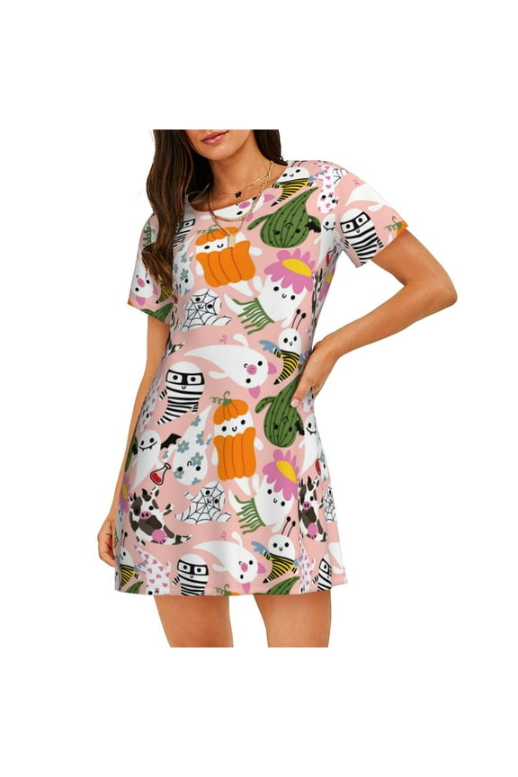 Cartoon Halloween Pattern Womens Short Sleeve Sleepshirt Scoopneck Cute Nightdress Comfy Nightgown Loungewear Dress
