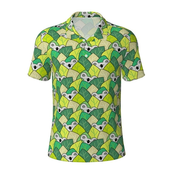 Balery Cartoon Koala Bear and Leaf Printed Men’s Short Sleeve Polo Shirt, Midweight Men's Shirt,Golf Polo shirts -Small