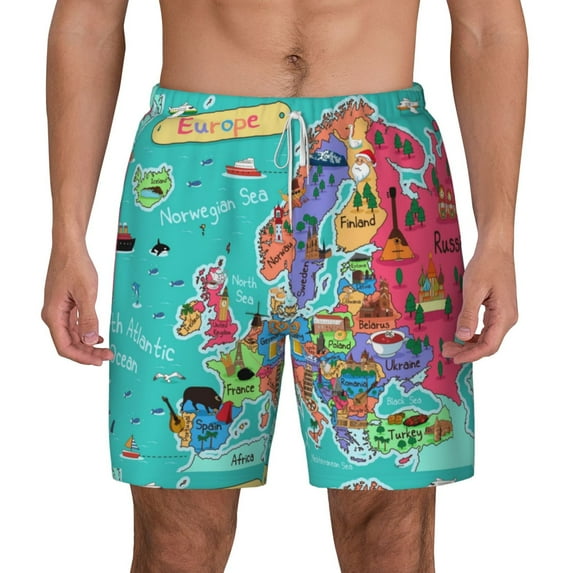 Balery Cartoon Map Of Europe Mens Swim Trunks Swim Shorts for Men Quick Dry Inseam Beach Shorts with Compression Liner Pocket-X-Large