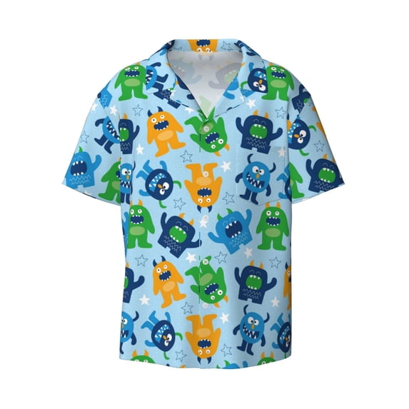 Balery Cartoon Monster Men's Casual Button Down Shirt Short Sleeve Textured Summer Cuban Beach Shirts-Medium
