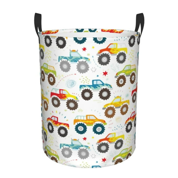 Balery Cartoon Monster Trucks Round Laundry Basket with Handles Waterproof Freestanding Laundry Hamper for Clothes Toys in the Dorm and Family-Medium