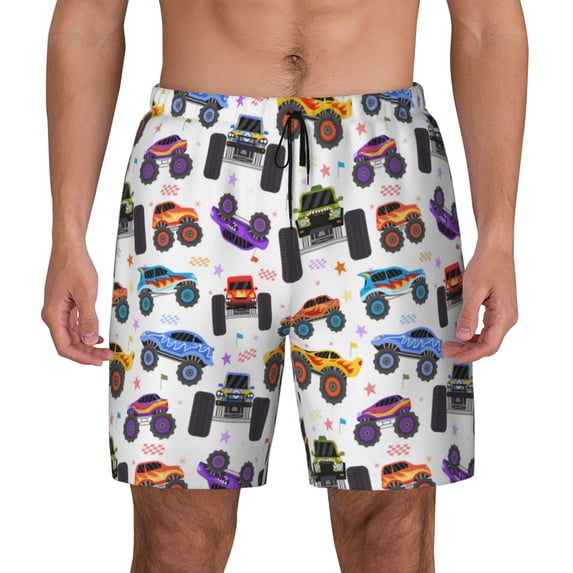 Balery Cartoon Monster Trucks1 Mens Swim Trunks Swim Shorts for Men Quick Dry Inseam Beach Shorts with Compression Liner Pocket-3X-Large