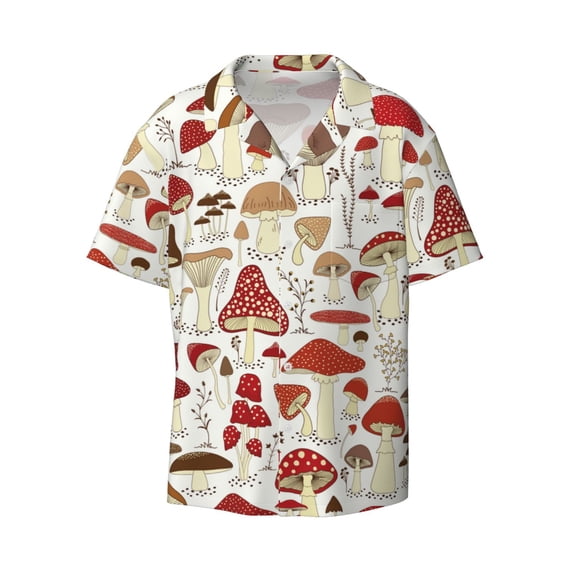 Balery Cartoon Mushrooms Men's Casual Button Down Shirt Short Sleeve Textured Summer Cuban Beach Shirts-Large