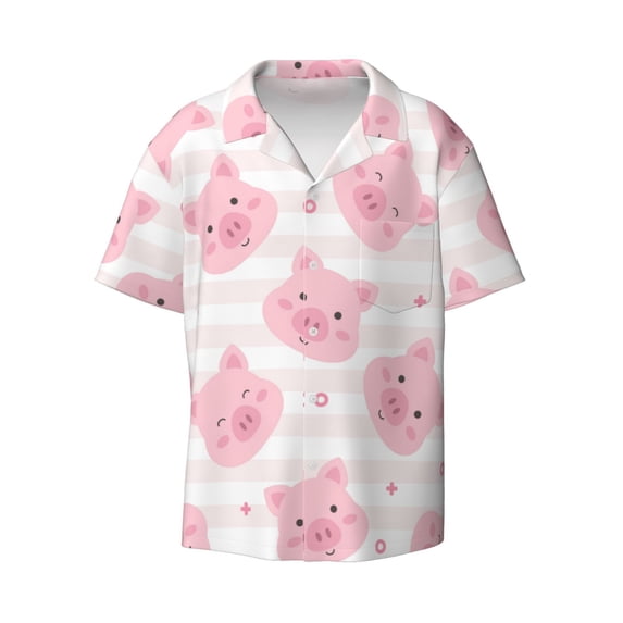 Balery Cartoon Pig Men's Casual Button Down Shirt Short Sleeve Textured Summer Cuban Beach Shirts-XX-Large