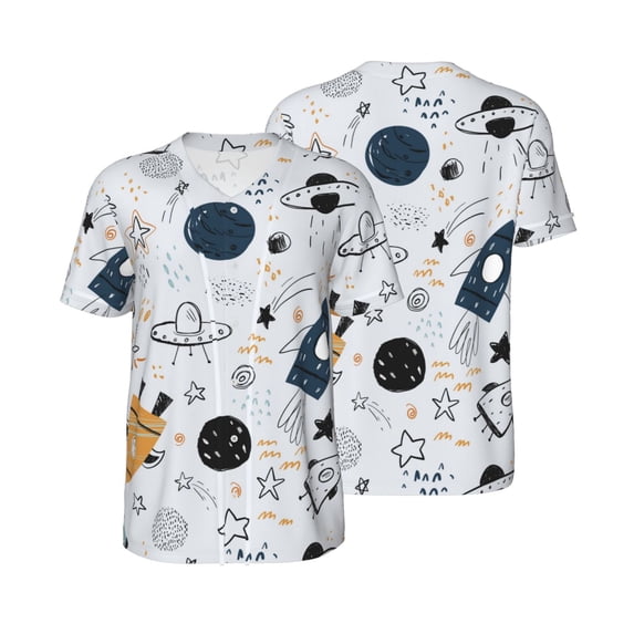 Balery Cartoon Planets Baseball Jersey for Men Casual Button Down Shirts Short Sleeve Active Team Sports Uniform-Small