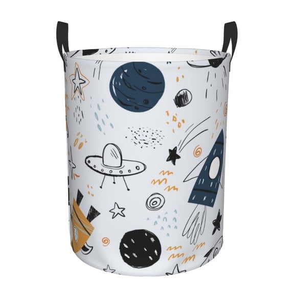 Balery Cartoon Planets Round Laundry Basket with Handles Waterproof Freestanding Laundry Hamper for Clothes Toys in the Dorm and Family-Medium