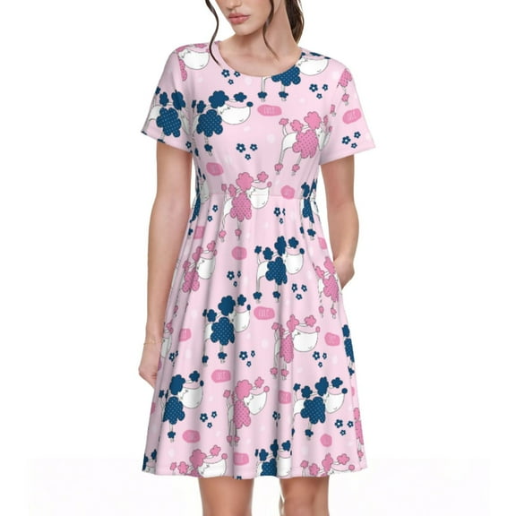 Balery Cartoon Poodle Dog Pattern Womens Dresses Loose Short sleeve Sundresses Swimsuit Coverup 2025 Summer Casual Dress for Women - A-Line Swing Dress