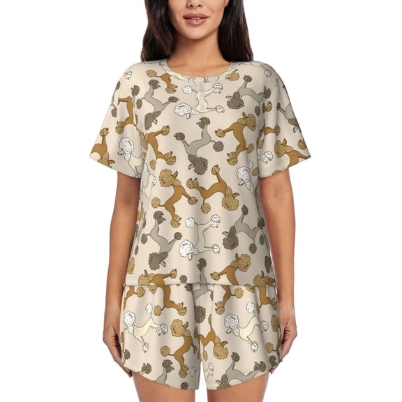 Balery Cartoon Poodle Dog Pattern Womens Pajama Sets 2 Piece Soft Short Sleeve Top and Shorts Sleepwear Round Neck Pjs Lounge Set with Pockets-Medium