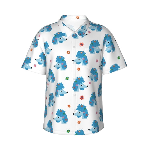 Balery Cartoon Poodle Dog Print Men's Hawaiian Shirts Short Sleeve Beach Shirt Relaxed Fit Vacation Button Down Shirts-Medium