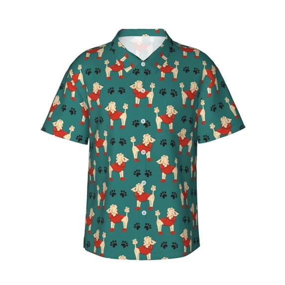 Balery Cartoon Poodle Dog Print Men's Hawaiian Shirts Short Sleeve Beach Shirt Relaxed Fit Vacation Button Down Shirts-