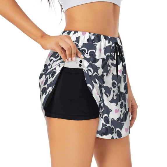 Balery Cartoon Raccoon Pattern Women's Running Shorts with Liner 2 Pockets Elastic Workout Athletic Gym Yoga Shorts-Small