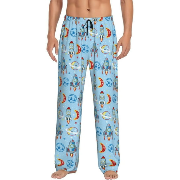 Balery Cartoon Rocket With Space print Men's Pajama Pants,Ultra Lightweight Pjs,Lounge Pant-Medium