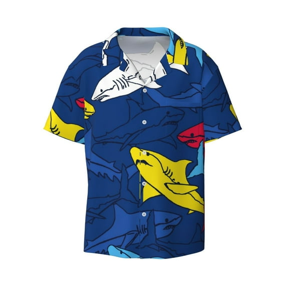 Balery Cartoon Shark Men's Casual Button Down Shirt Short Sleeve Textured Summer Cuban Beach Shirts-3X-Large