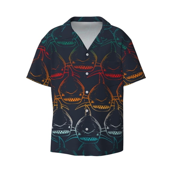 Balery Cartoon Sharks Men's Casual Button Down Shirt Short Sleeve Textured Summer Cuban Beach Shirts-Small