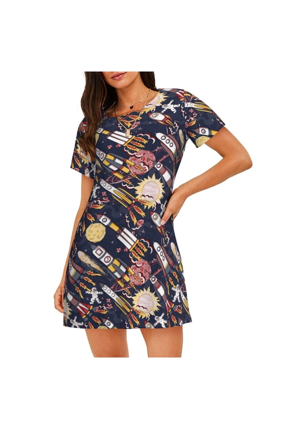 Cartoon Space 1 Pattern Womens Short Sleeve Sleepshirt Scoopneck Cute Nightdress Comfy Nightgown Loungewear Dress