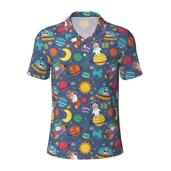Balery Cartoon Space Printed Men’s Short Sleeve Polo Shirt, Midweight Men's Shirt,Golf Polo shirts -Small