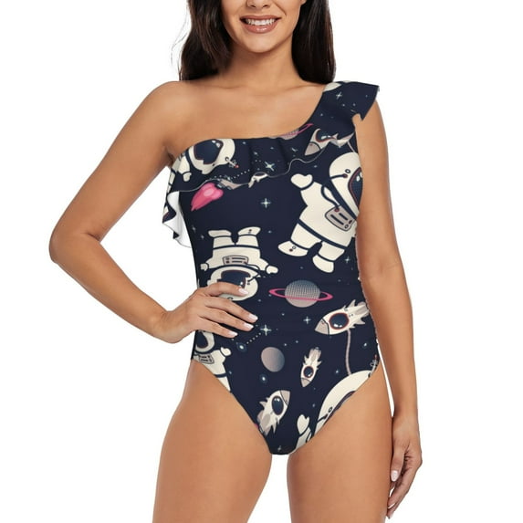Balery Cartoon Spaceship One Shoulder Swimsuits for Women Ruffle Swimsuits Tummy Control One Shoulder Bathing Suits-Large
