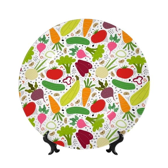 Balery Cartoon Vegetables Print Bone China Decorative Plate Ceramic Dinner Plates Art Crafts with Display Stand-6in