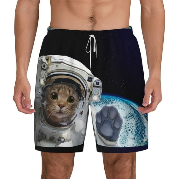 Balery Cat Astronaut Mens Swim Trunks Swim Shorts for Men Quick Dry Inseam Beach Shorts with Compression Liner Pocket-3X-Large