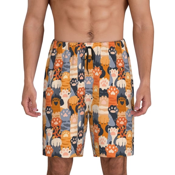 Balery Cat Paws Men's Cotton Knit Pajama Shorts Waistband & Pockets,Short Pajama Pants-Large