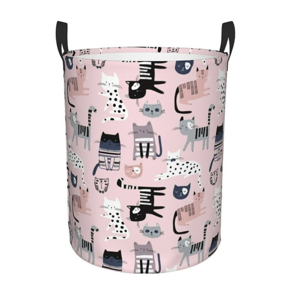 Balery Cat Round Laundry Basket with Handles Waterproof Freestanding Laundry Hamper for Clothes Toys in the Dorm and Family-Medium