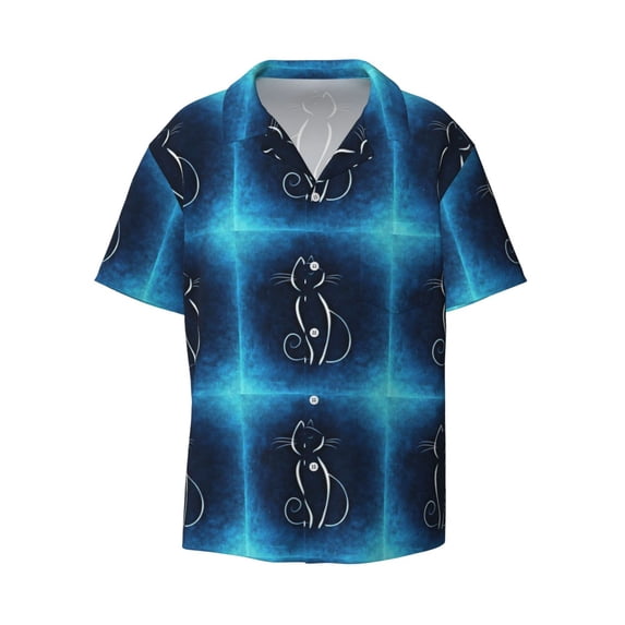 Balery Cat Sketch Men's Casual Button Down Shirt Short Sleeve Textured Summer Cuban Beach Shirts-Medium