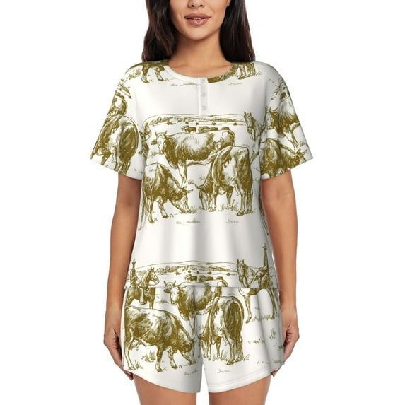 Balery Cattle Drive By Two Cowboys 1 Pattern Womens Pajama Sets 2 Piece Soft Short Sleeve Top and Shorts Sleepwear Round Neck Pjs Lounge Set with Pockets-4X-Large