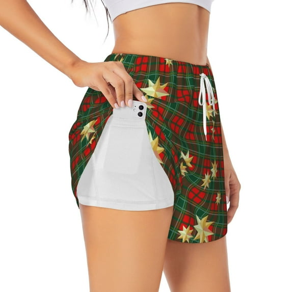 Balery Checkered With Golden Stars Pattern Women's Running Shorts with Liner 2 Pockets Elastic Workout Athletic Gym Yoga Shorts-XX-Large