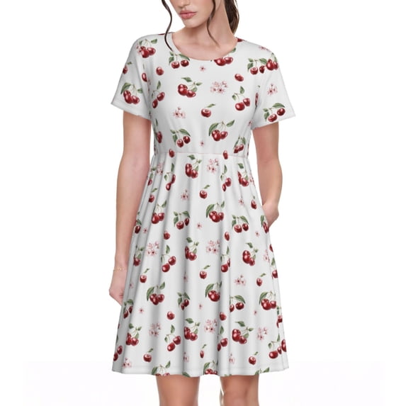 Balery Cherry Berries Pattern Womens Dresses Loose Short sleeve Sundresses Swimsuit Coverup 2025 Summer Casual Dress for Women - A-Line Swing Dress