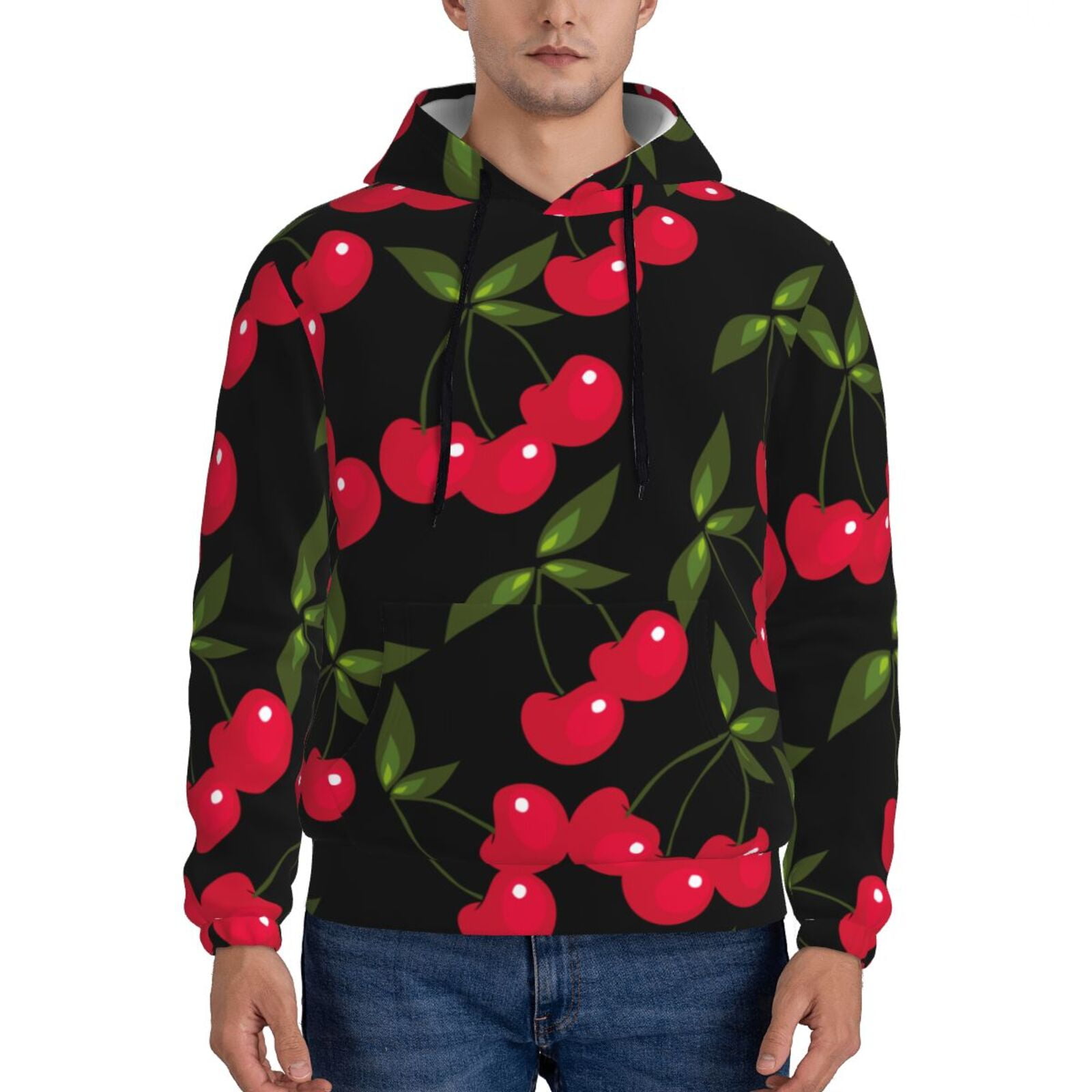 Balery Cherry Pattern Mens Hoodie Kangaroo Pocket Hoodie Pullover