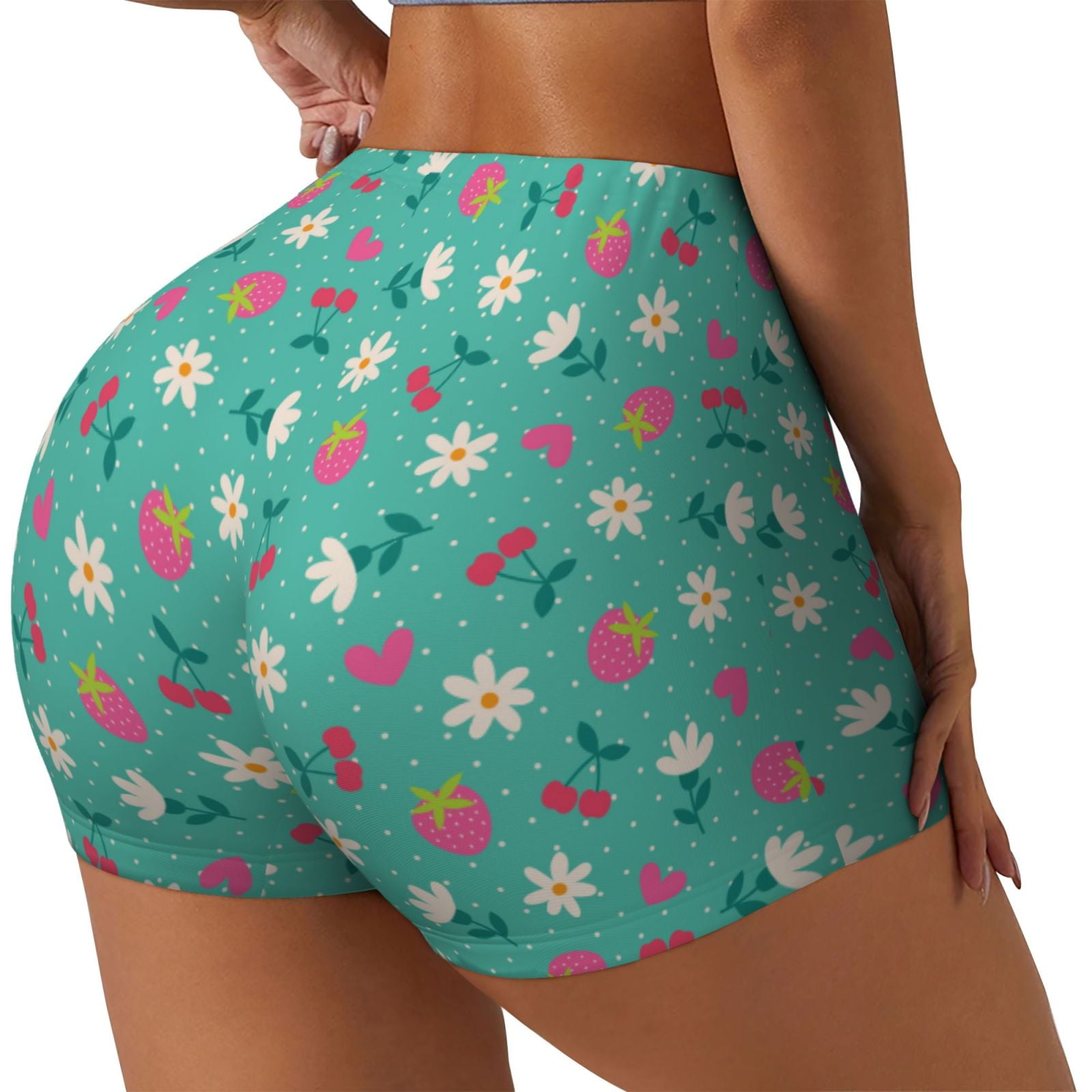 Balery Cherry Strawberry Floral Printed Workout Shorts for Women